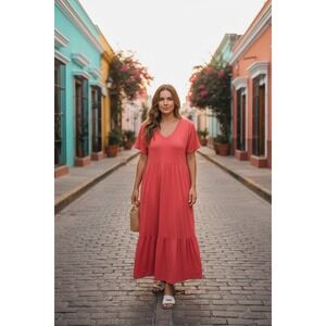 Unbranded Tiered Midi Dress Women 2XL Coral Pink V-Neck Short Sleeve Cottagecore